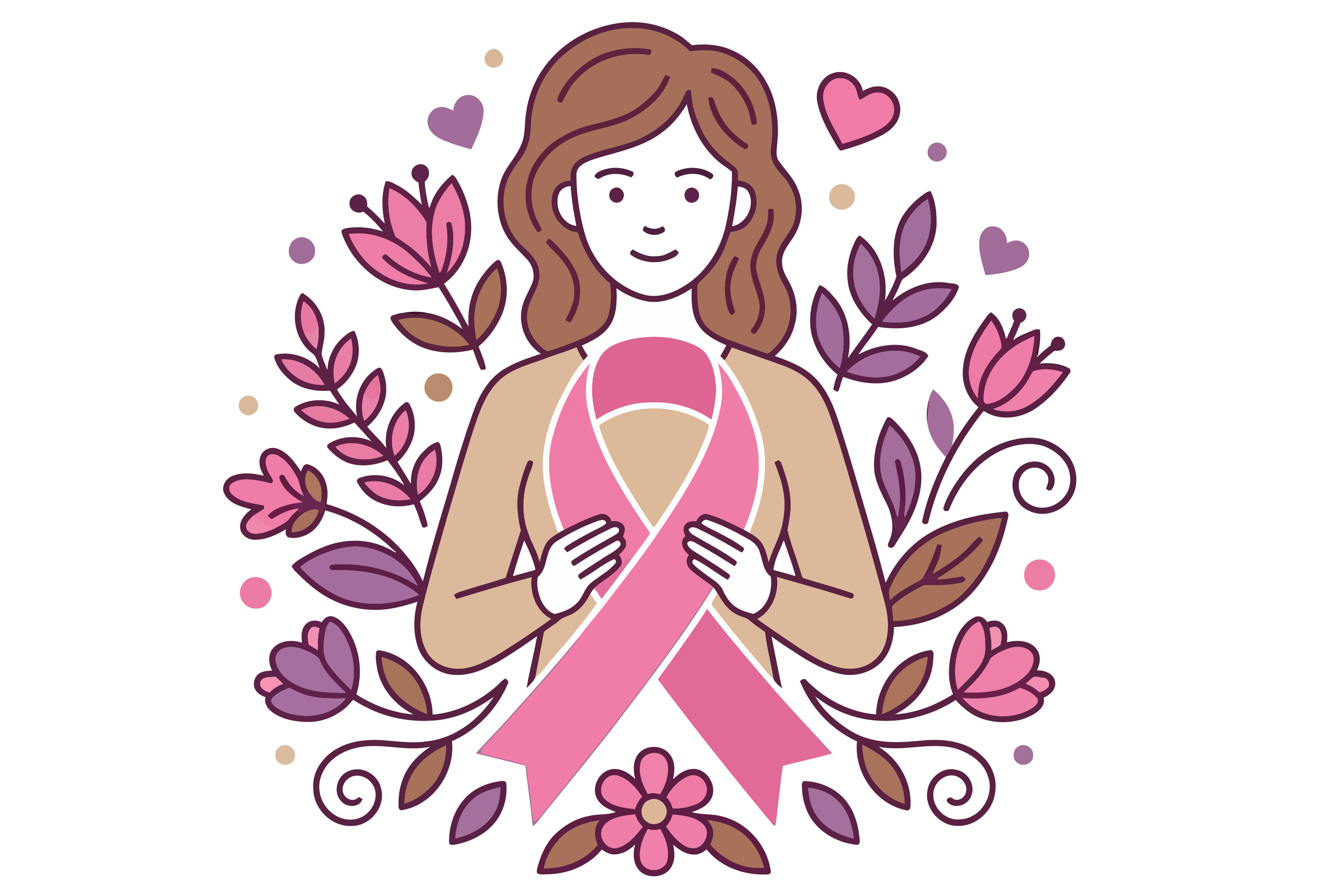 Woman Holding Pink Ribbon Surrounded by Flowers